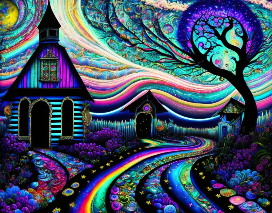 Colorful Psychedelic Landscape with Chapel and Radiant Tree