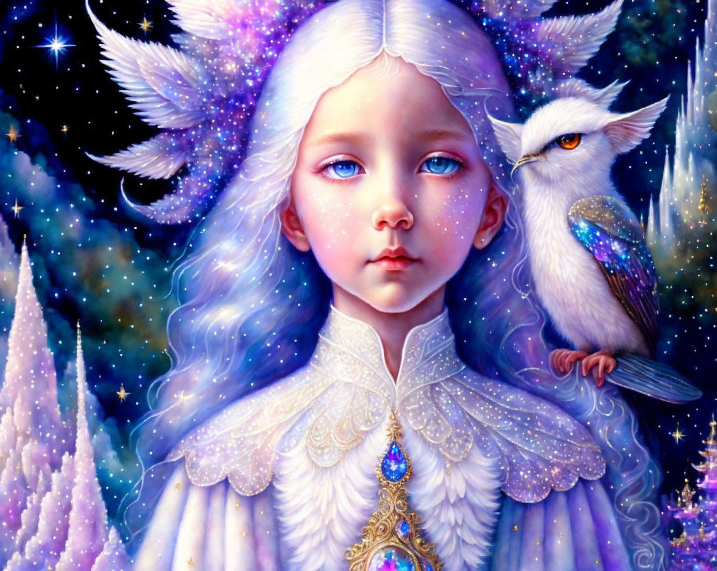 Illustration of pale girl with blue eyes, white hair, owl on shoulder, under starry sky