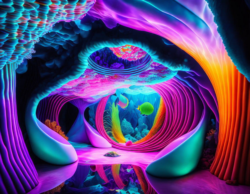 Colorful Underwater Digital Artwork with Neon Coral and Turtle Creature