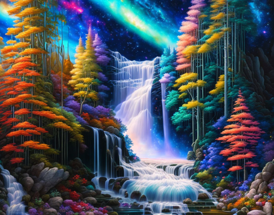 Fantastical waterfall artwork with multicolored trees under starry sky