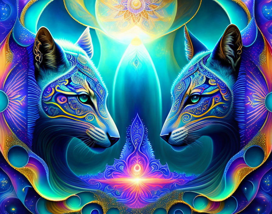 Symmetrical Blue and Gold Fox Faces in Mystical Fractal Setting