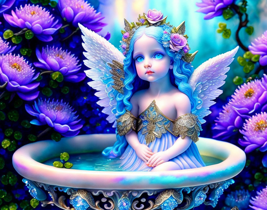 Fantasy fairy with blue hair and white wings in a bowl with purple flowers