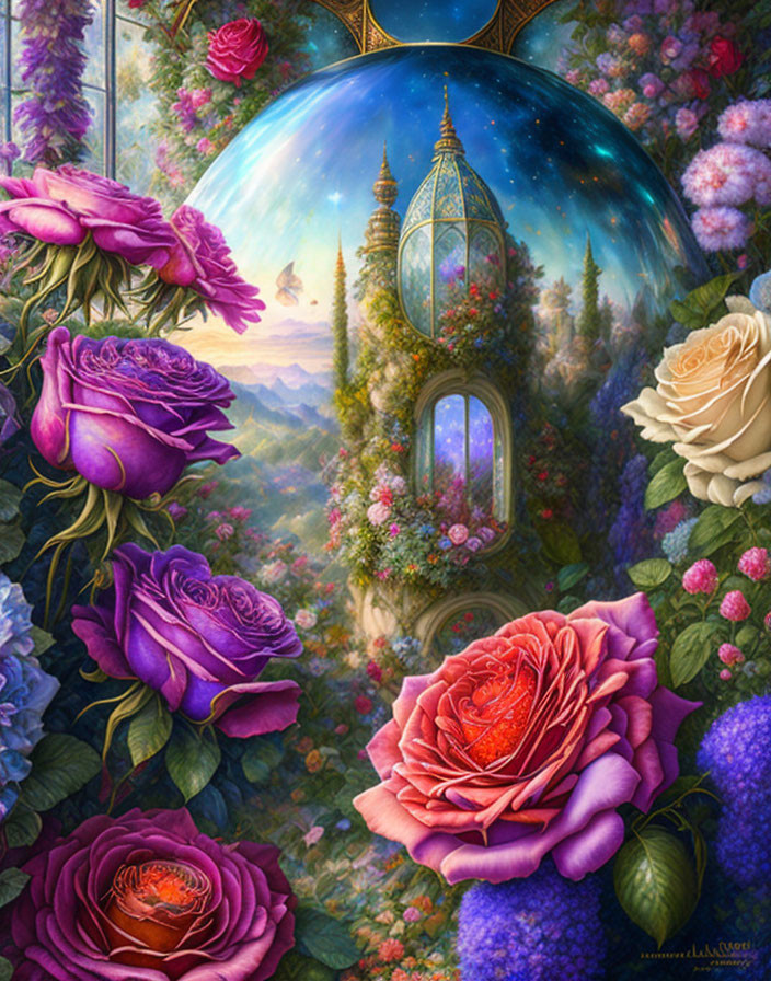 Vibrant roses and floating domed structure in surreal garden landscape