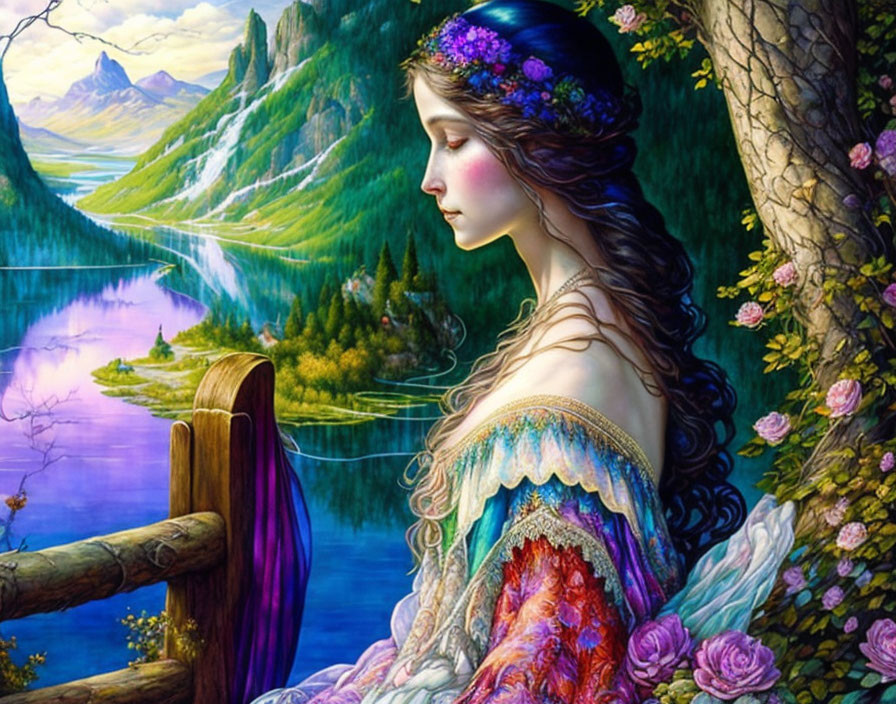 Woman with Floral Crown by Lake in Vibrant Landscape