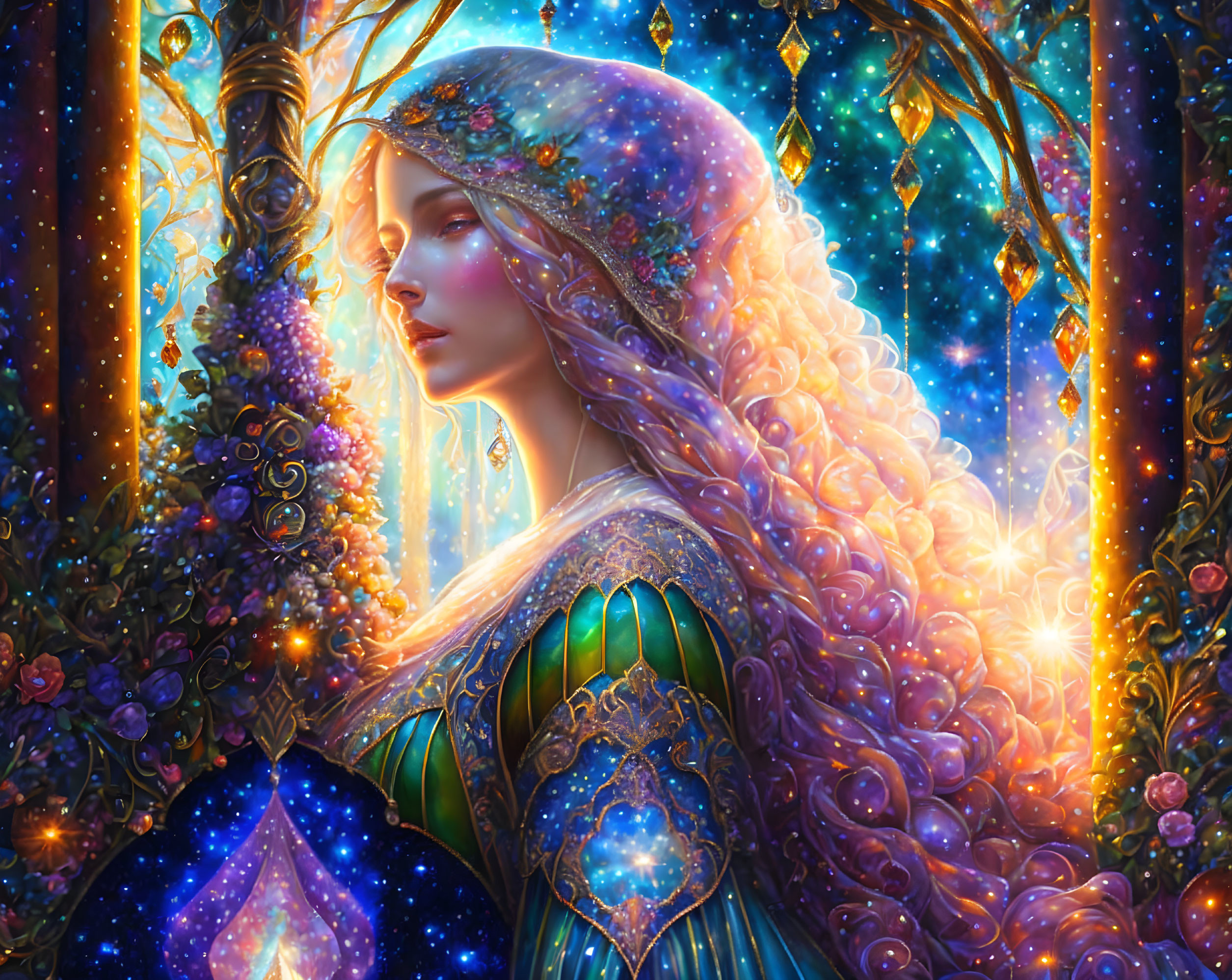 Mystical woman with starry hair in celestial gown in enchanted forest.