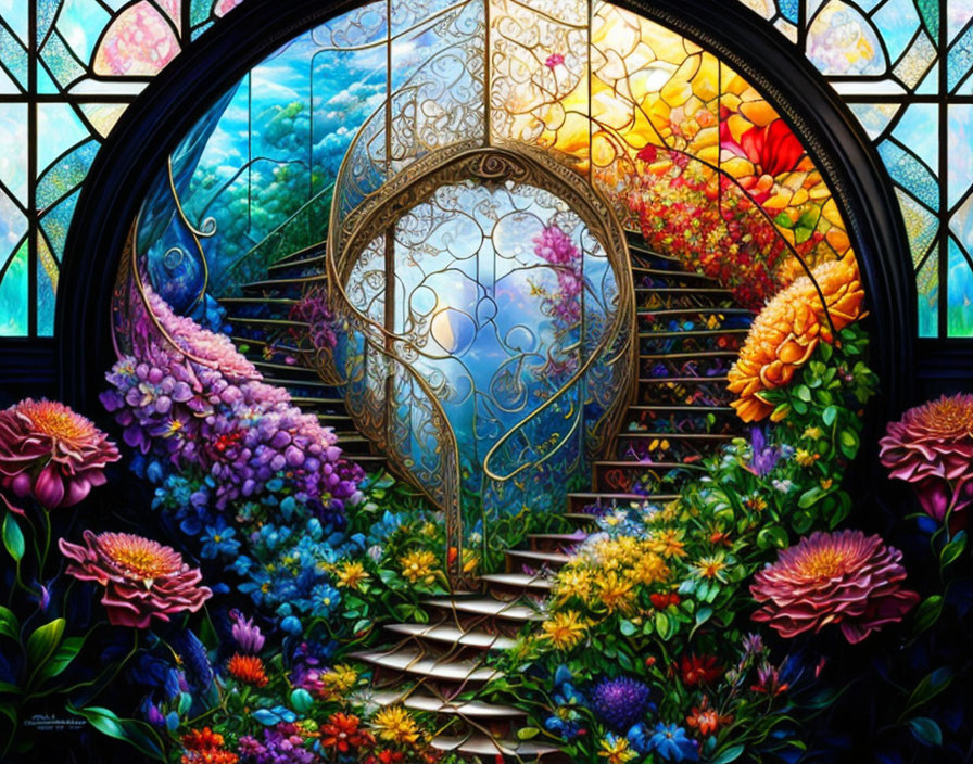 Colorful stained glass window with ornate door, flowers, and staircase landscape