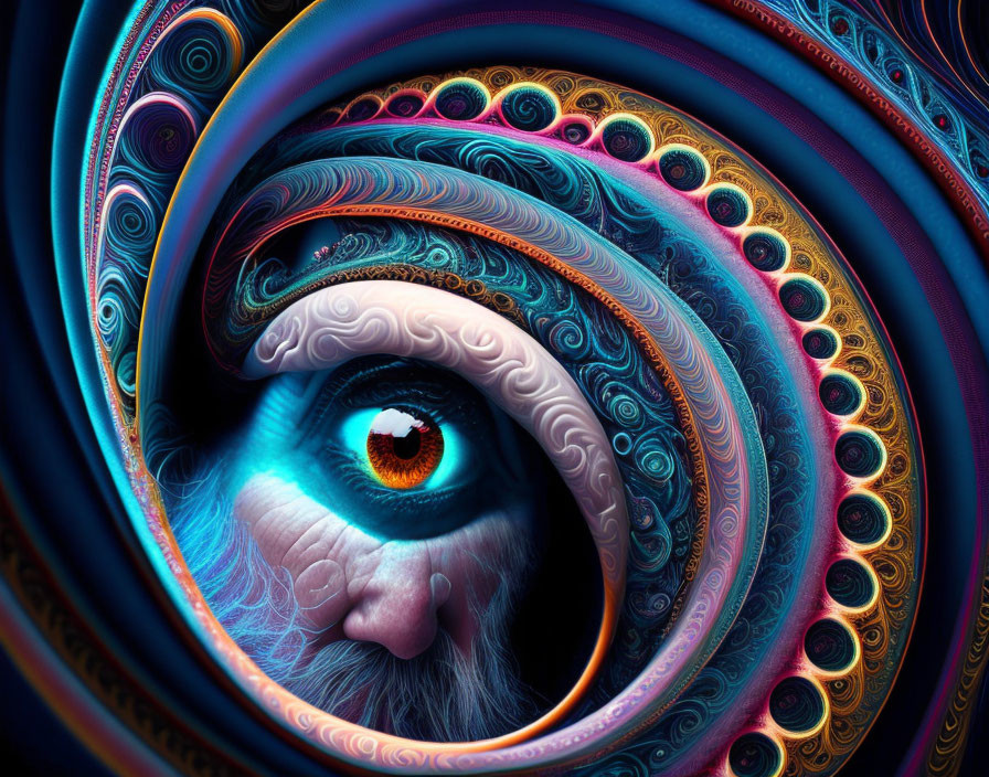 Colorful digital art: Eye surrounded by ornate swirls and patterns