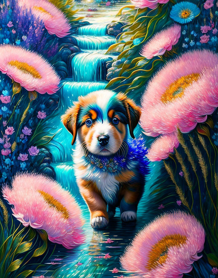 Colorful Illustration: Adorable Puppy Surrounded by Vibrant Flowers