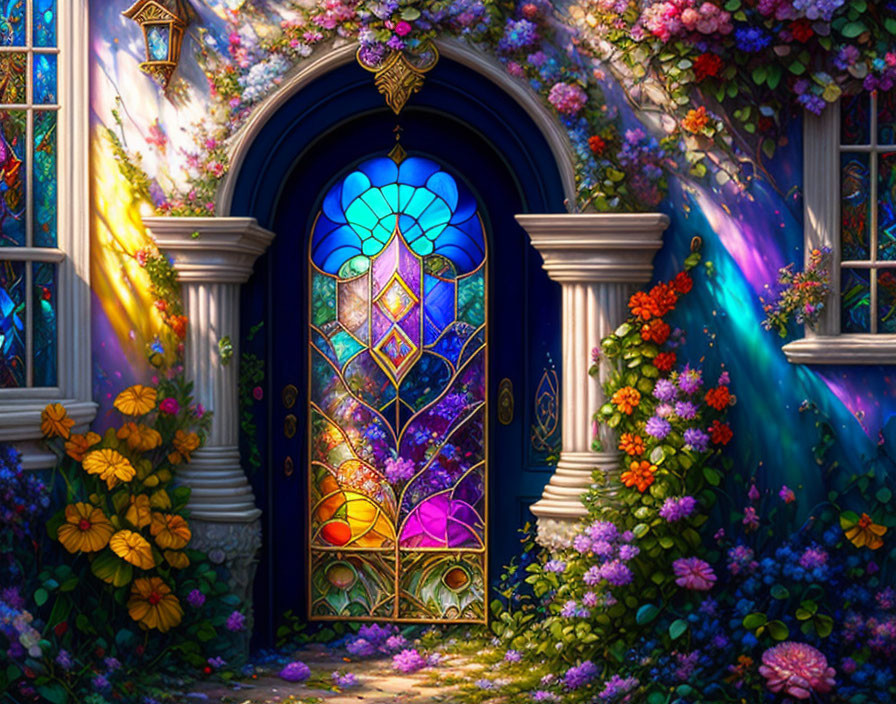 Radiant stained glass door surrounded by columns and lush flowers