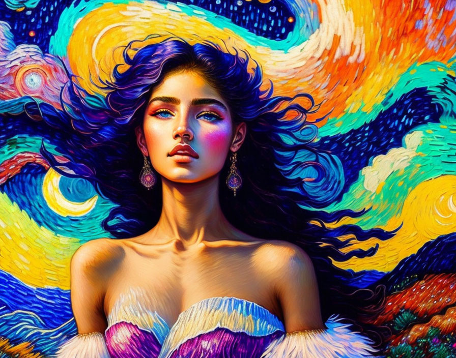 Colorful Surrealist Portrait of Woman with Flowing Hair