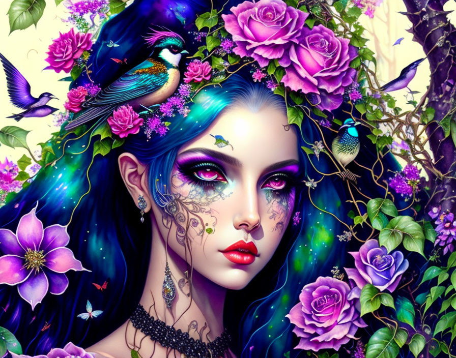 Digital Artwork: Woman with Blue Hair, Roses, Birds & Florals