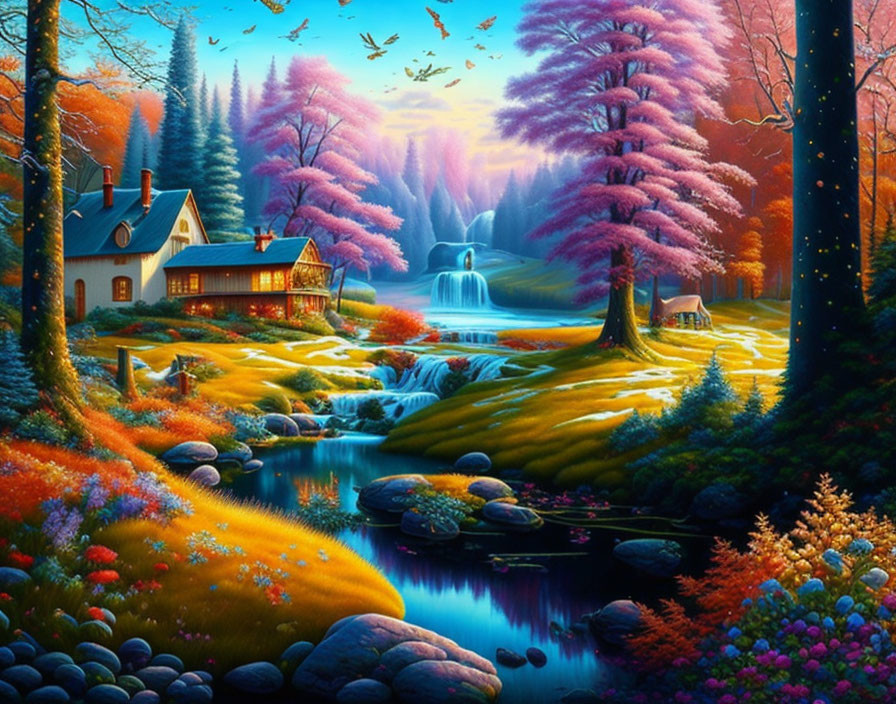 Colorful Cottage Landscape with Waterfall, River, and Birds