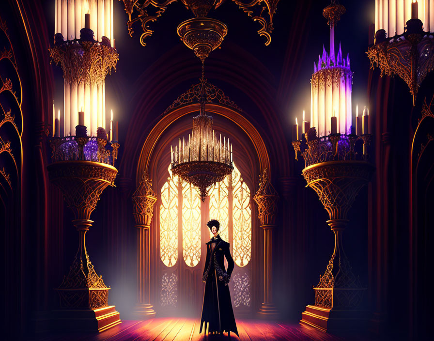 Silhouetted figure in ornate Gothic hall with chandeliers and candelabras