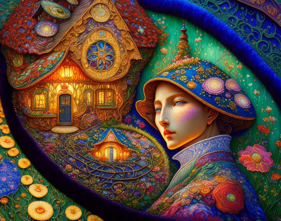 Colorful surreal artwork: Woman in vibrant attire merges with fantastical landscape and illuminated cottage.