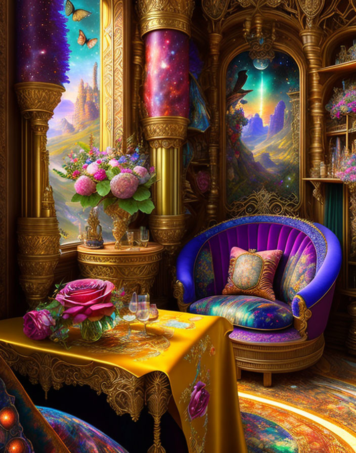 Plush purple chair in fantastical interior with cosmic imagery