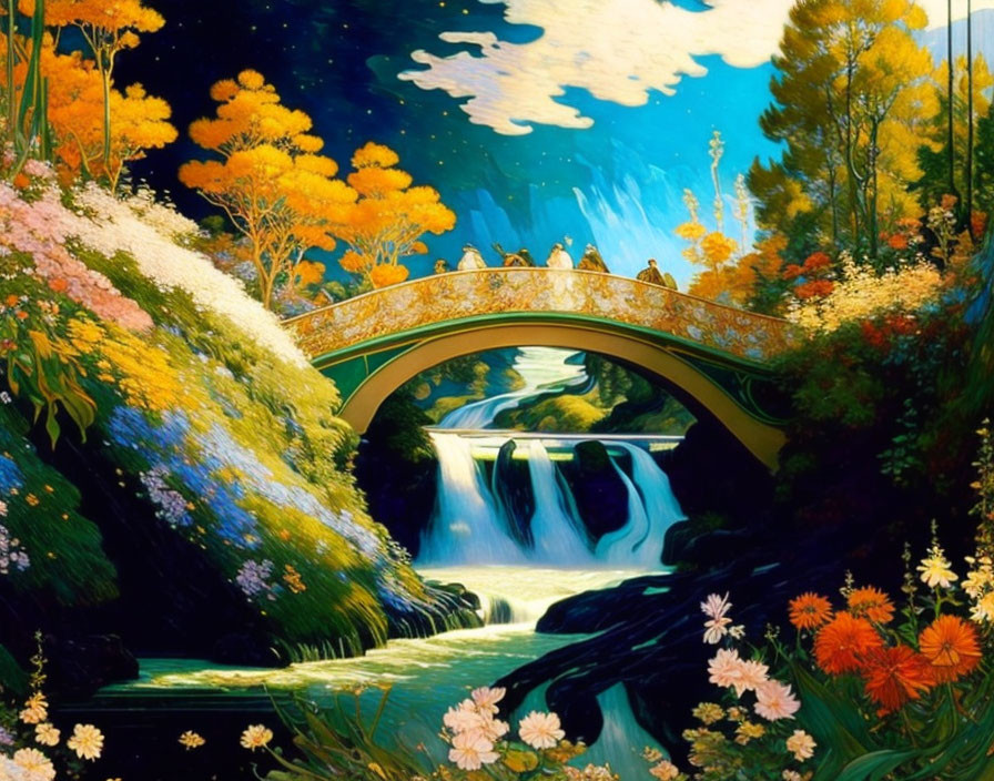 Colorful illustration: Bridge over waterfall in lush scenery