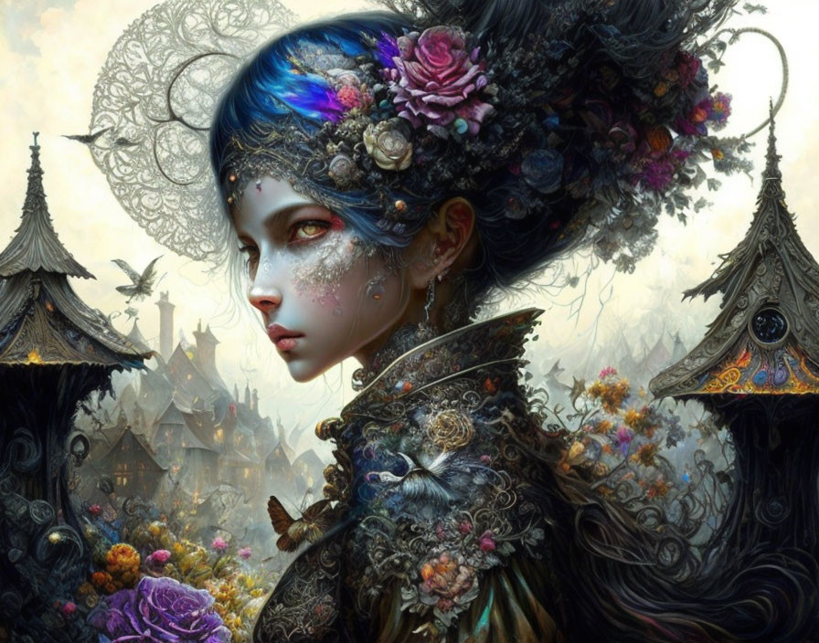 Colorful hair and floral headdress in mystical fantasy portrait