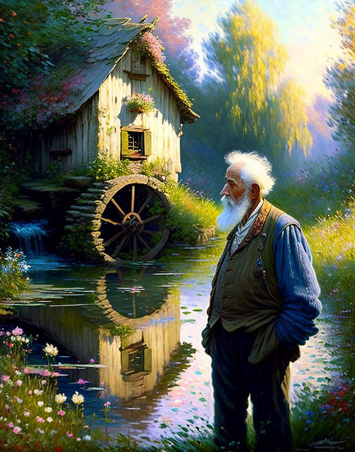 Elderly man with white beard by serene pond and water mill house