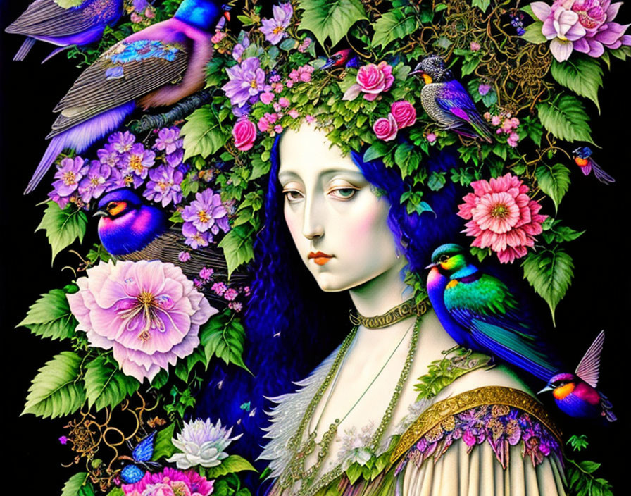 Woman with Pale Skin Surrounded by Flowers and Birds