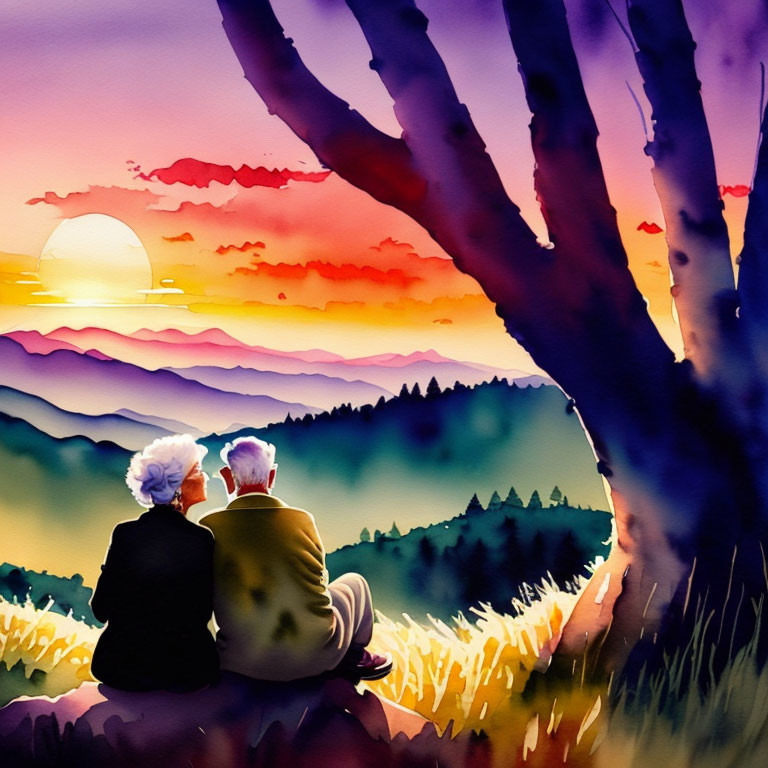 Elderly couple admiring vibrant sunset over rolling hills