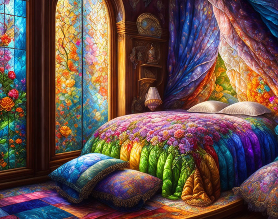 Colorful Bedroom with Stained Glass Windows and Artistic Decor