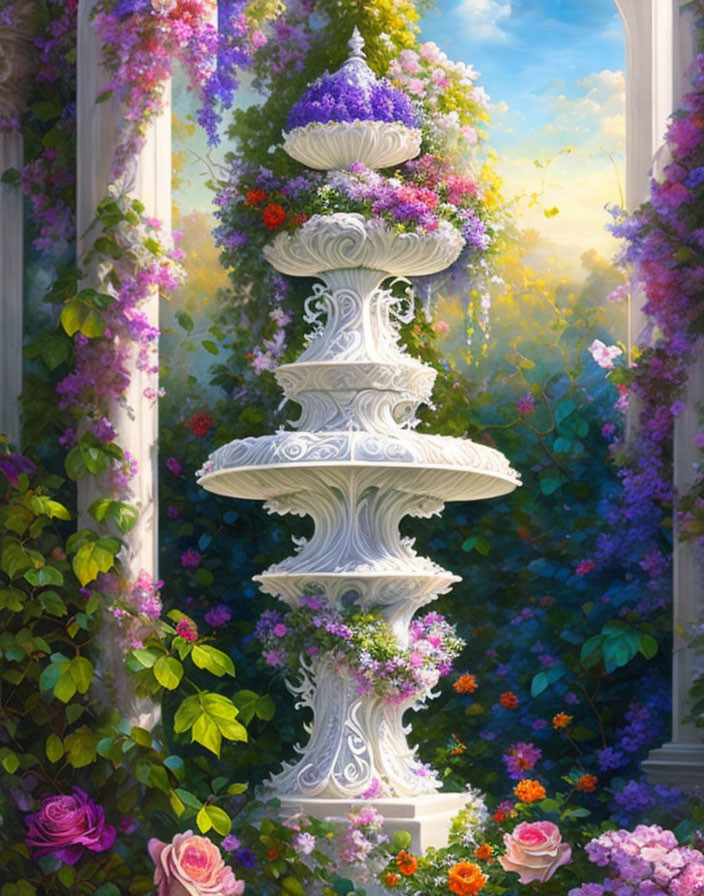 White Tiered Fountain Surrounded by Colorful Flowers in Tranquil Garden