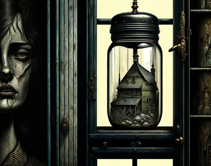 Surreal artwork: Tearful woman by window with lantern, miniature house, and nest.