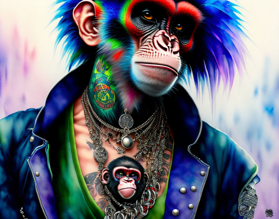 Vibrant punk monkey illustration with colorful fur, tattoos, piercings, and leather jacket