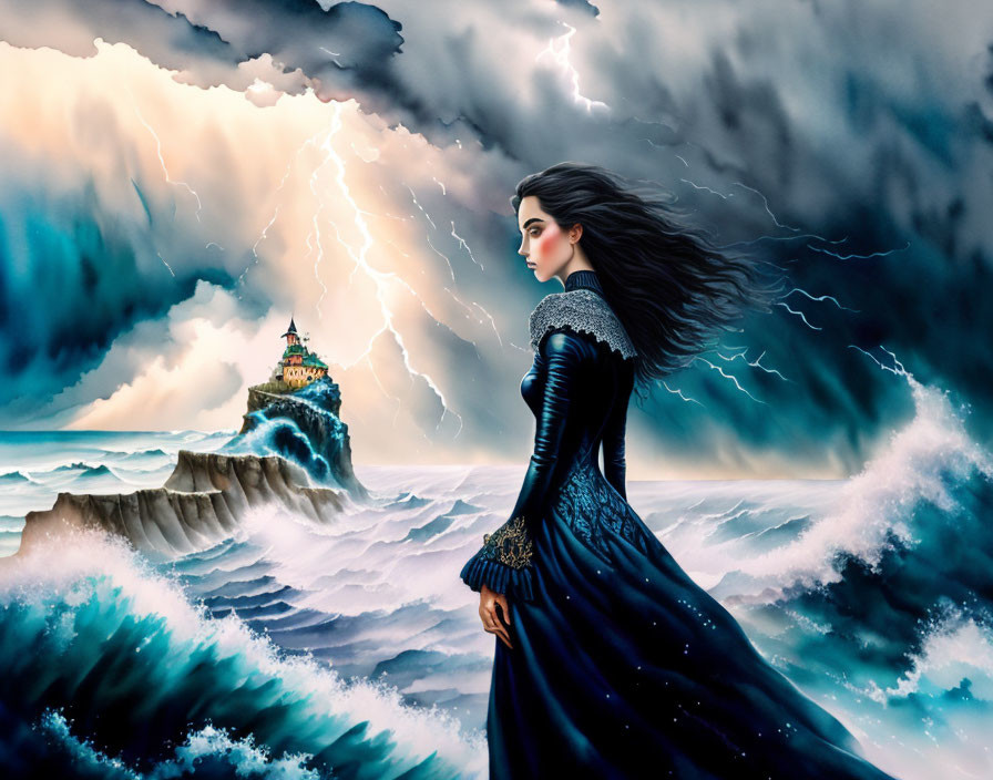 Woman in dark dress by stormy sea with lightning near castle cliff