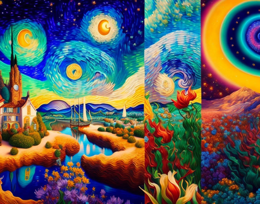 Whimsical diptych inspired by Starry Night with vibrant colors and fantastical landscapes