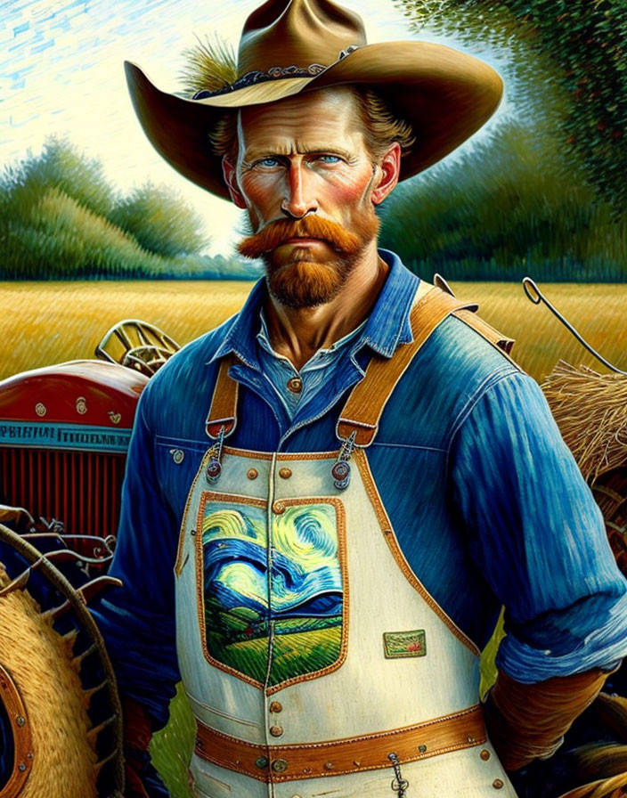 Stern-faced farmer in overalls and cowboy hat with 'Starry Night' illustration.