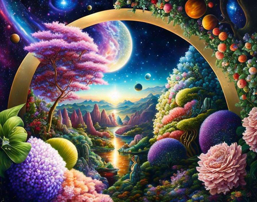 Fantasy landscape with lush flora, river, person, starry sky, planets, moons, golden