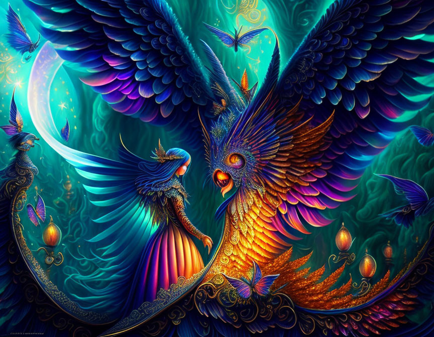 Colorful digital artwork: Majestic birds in mystical forest