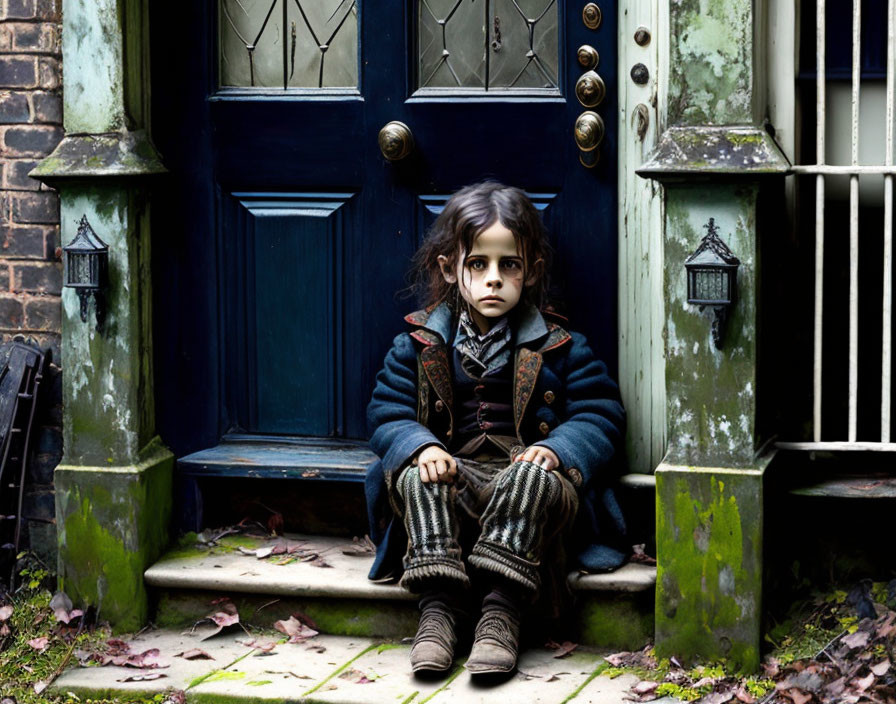 Child with tousled hair in vintage outfit on doorstep with weathered blue doors.