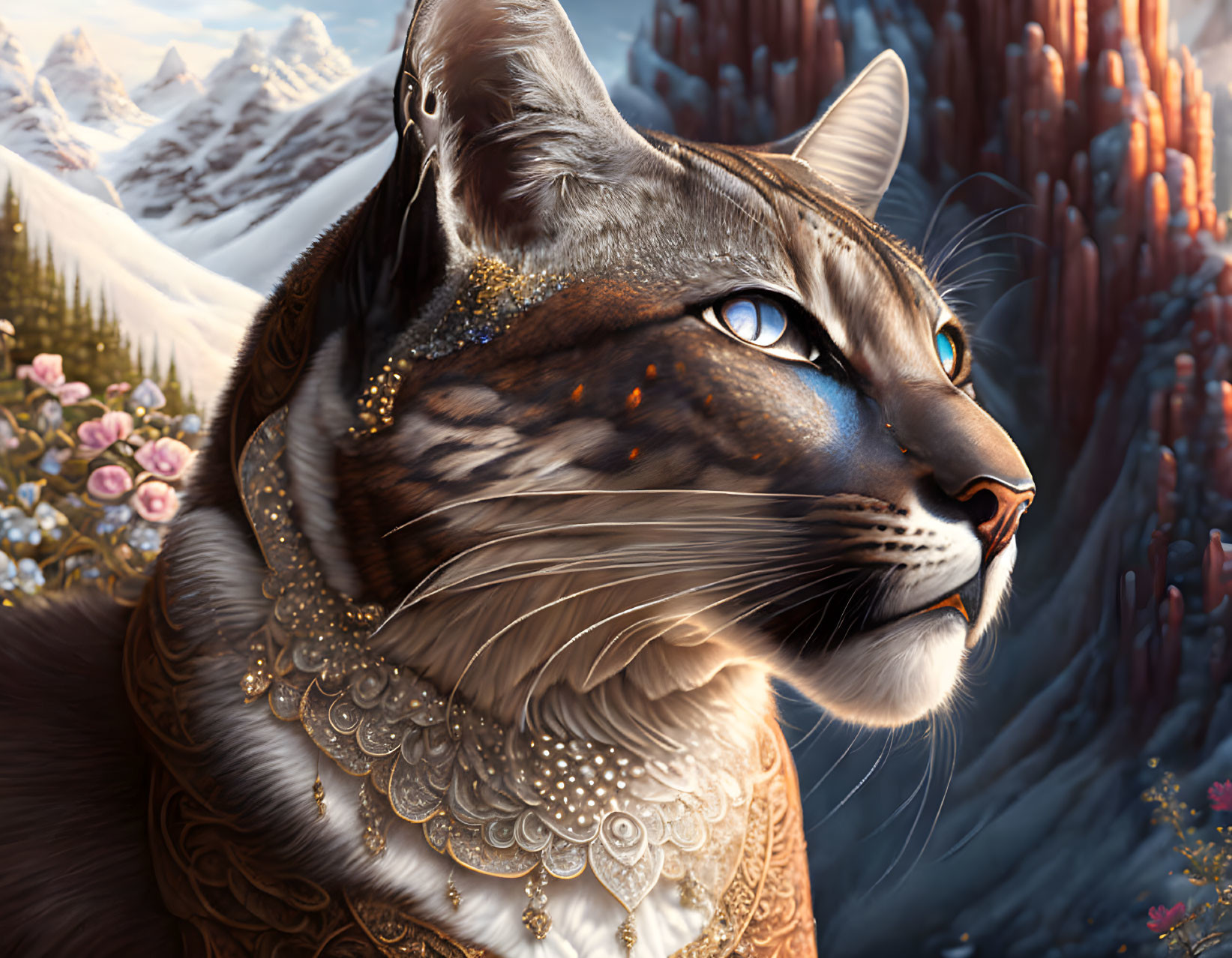 Detailed illustration of majestic tabby cat with blue eyes and gold jewelry in fantastical landscape.