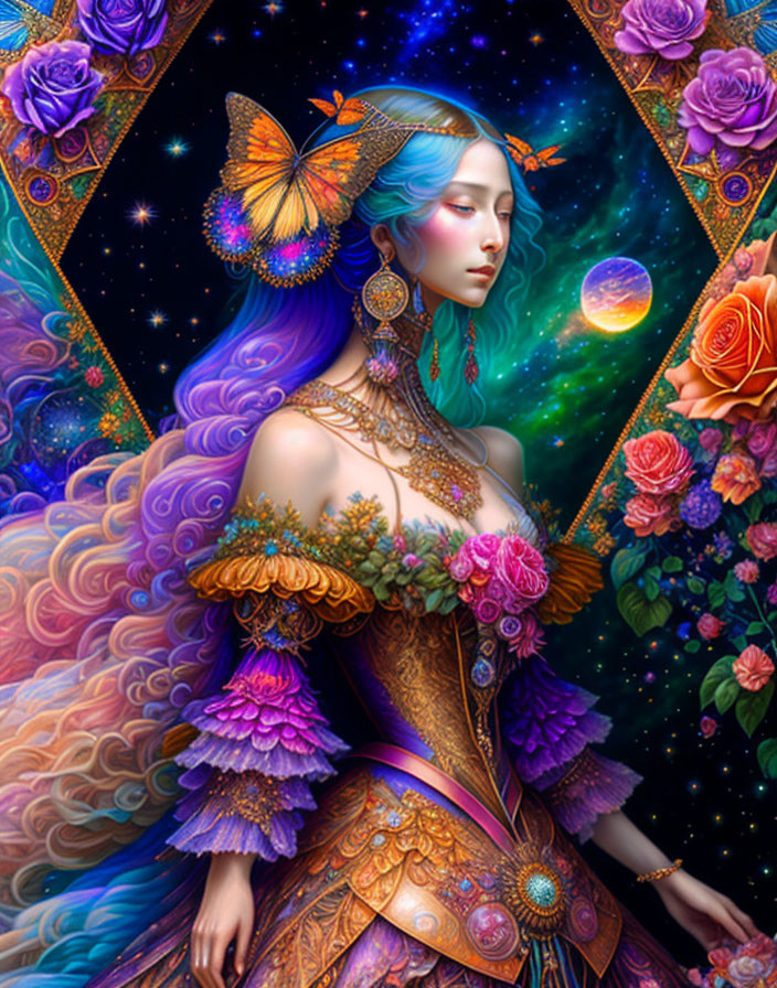 Illustration of woman with blue hair in ornate dress surrounded by roses, butterflies, and celestial bodies