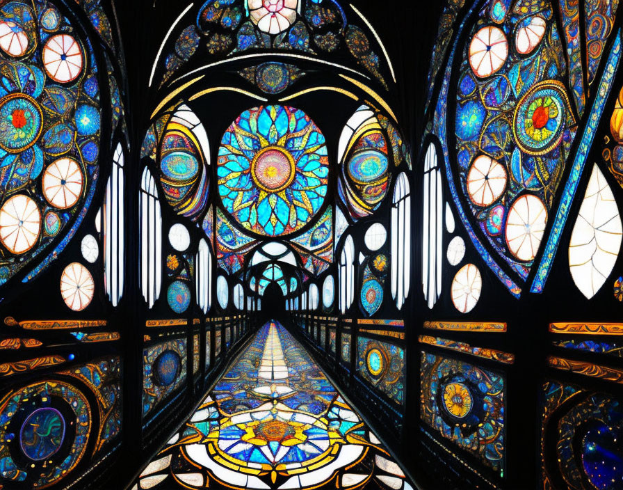 Symmetrical ornate corridor with colorful stained-glass windows