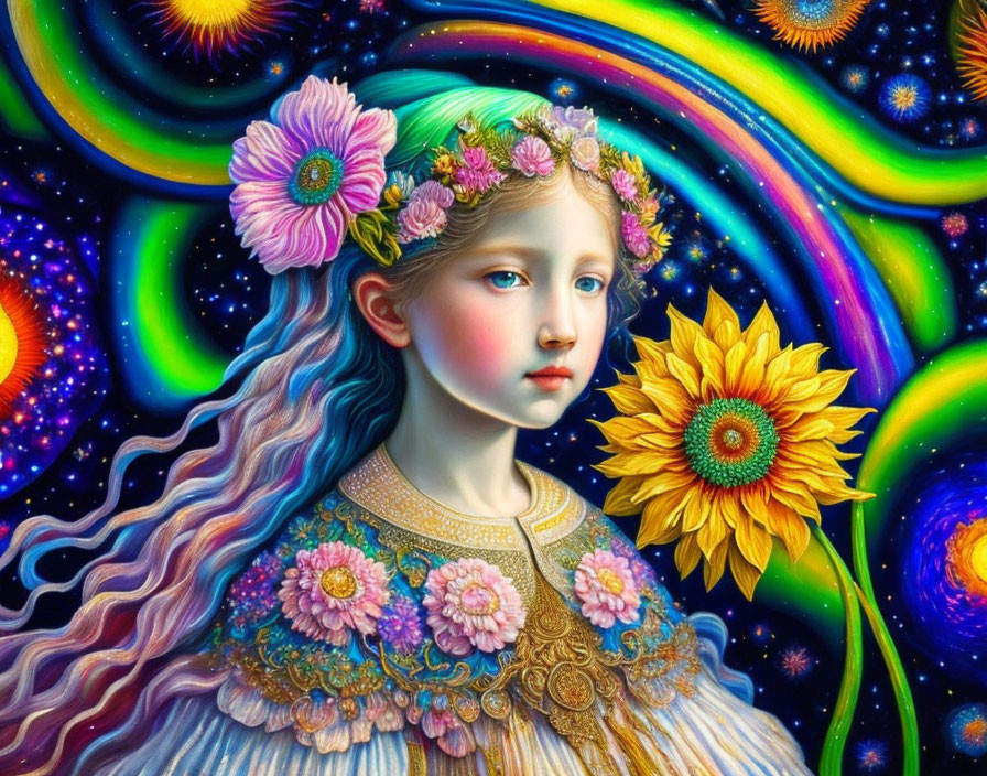 Digital Art: Girl with Flower Hair in Cosmic Setting