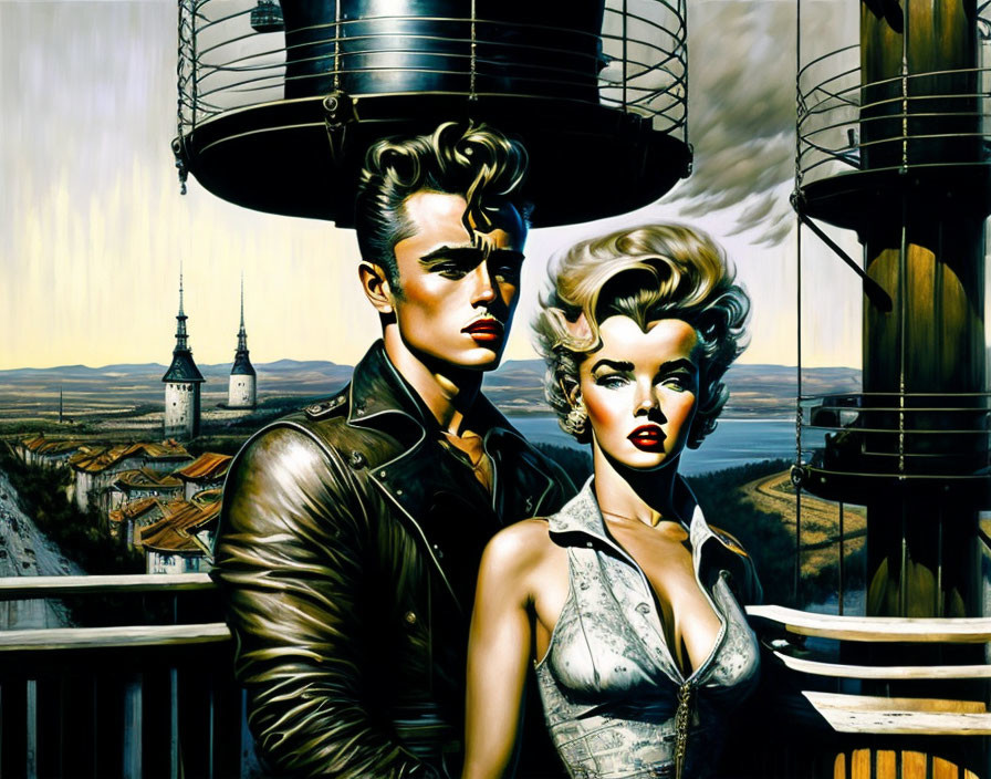 Illustration of man and woman in 1950s fashion with retro-futuristic landscape