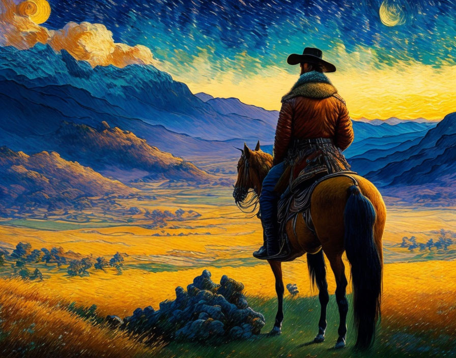 Cowboy on horse in golden valley under twilight sky