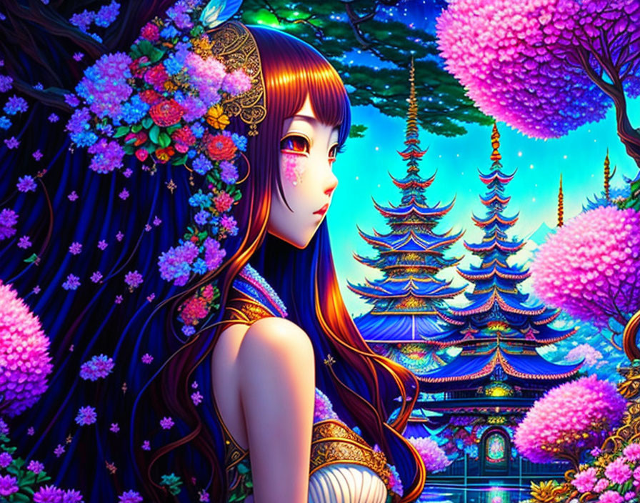 Colorful fantasy illustration: girl with long hair, lush flora, pagoda structures