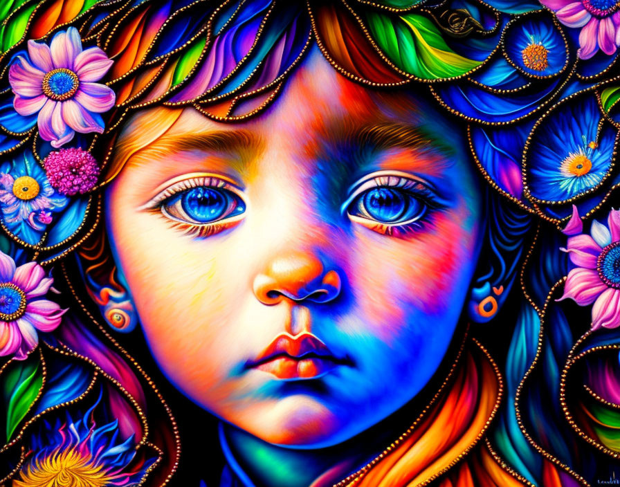 Colorful Psychedelic Painting of Child with Blue Eyes and Floral Patterns