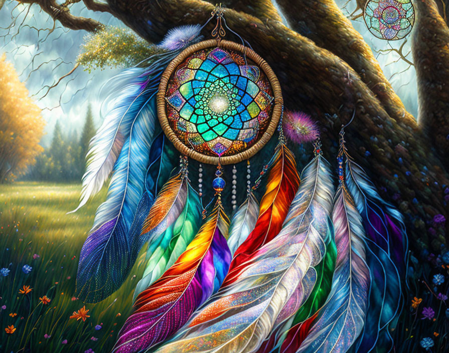 Colorful dreamcatcher with feathers and beads in enchanted forest.