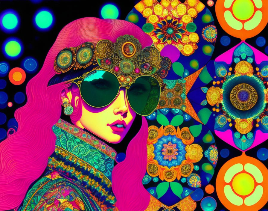 Colorful digital artwork of woman with pink hair and sunglasses on psychedelic background