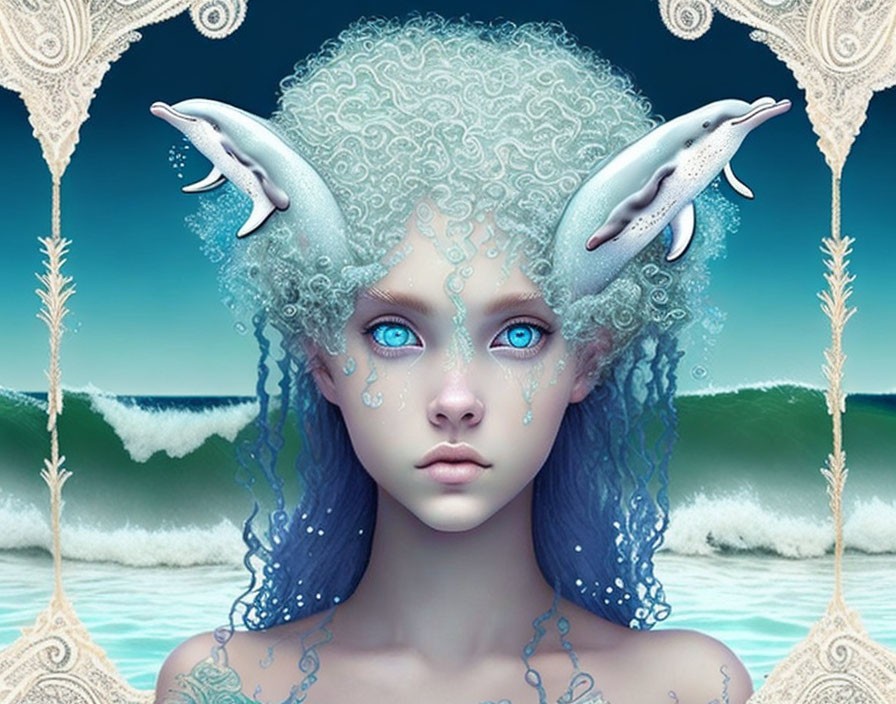 Blue-skinned woman with dolphin horns in ocean-themed fantasy image