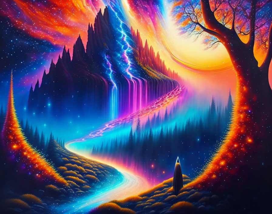 Surreal landscape with neon waterfalls, galaxy tree, and luminous path