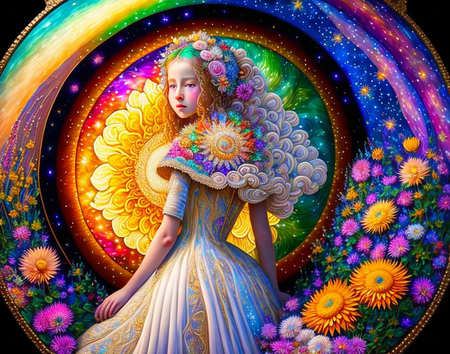 Colorful digital artwork: girl with floral hair ornaments, intricate dress, cosmic background.