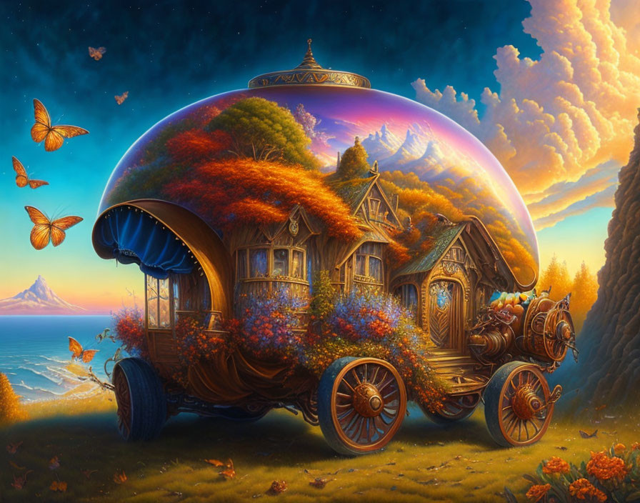 Whimsical fairytale caravan in vibrant landscape with butterflies