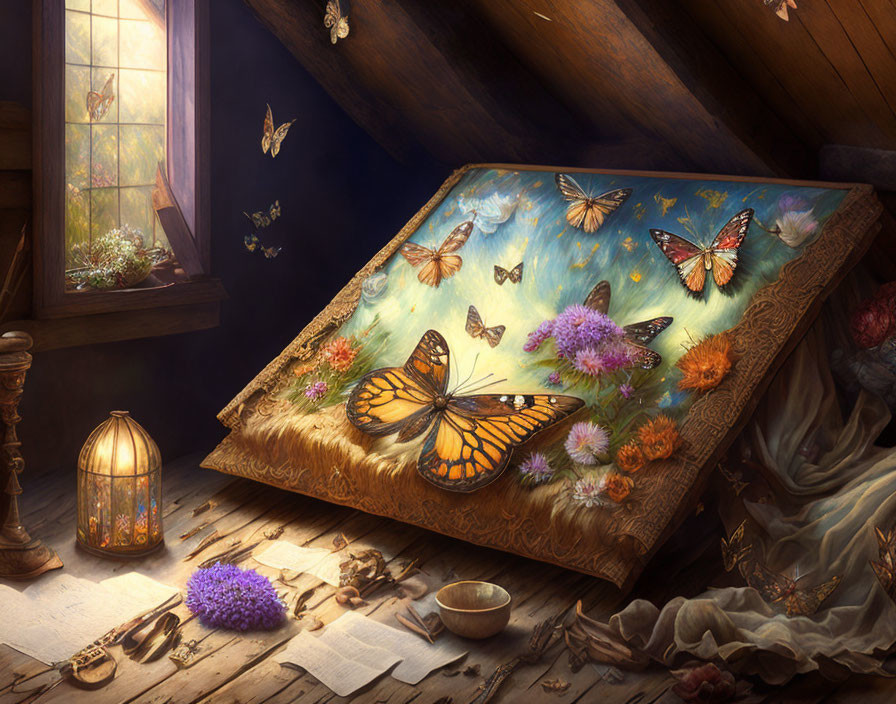 Magical book with butterflies, birdcage, flowers, and quill on wooden table