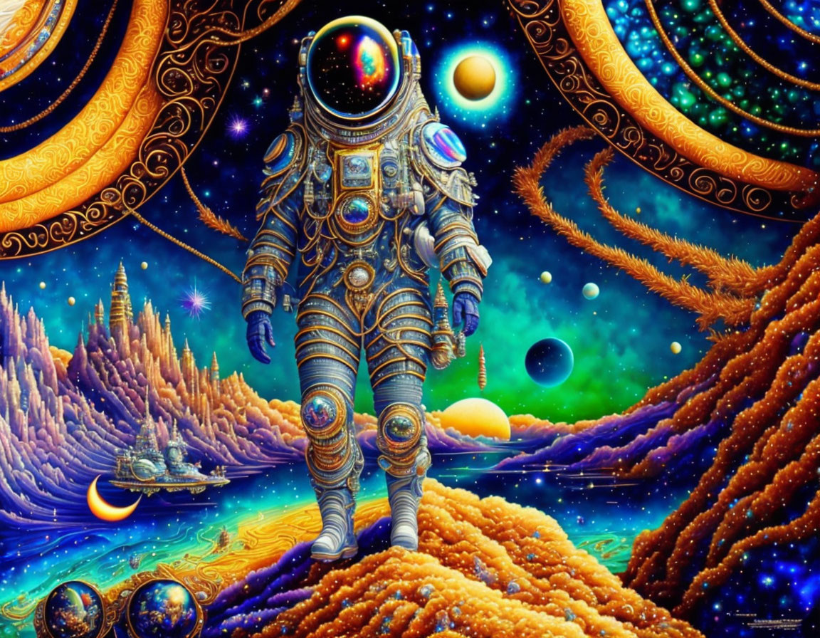 Detailed astronaut on alien landscape with vibrant vegetation